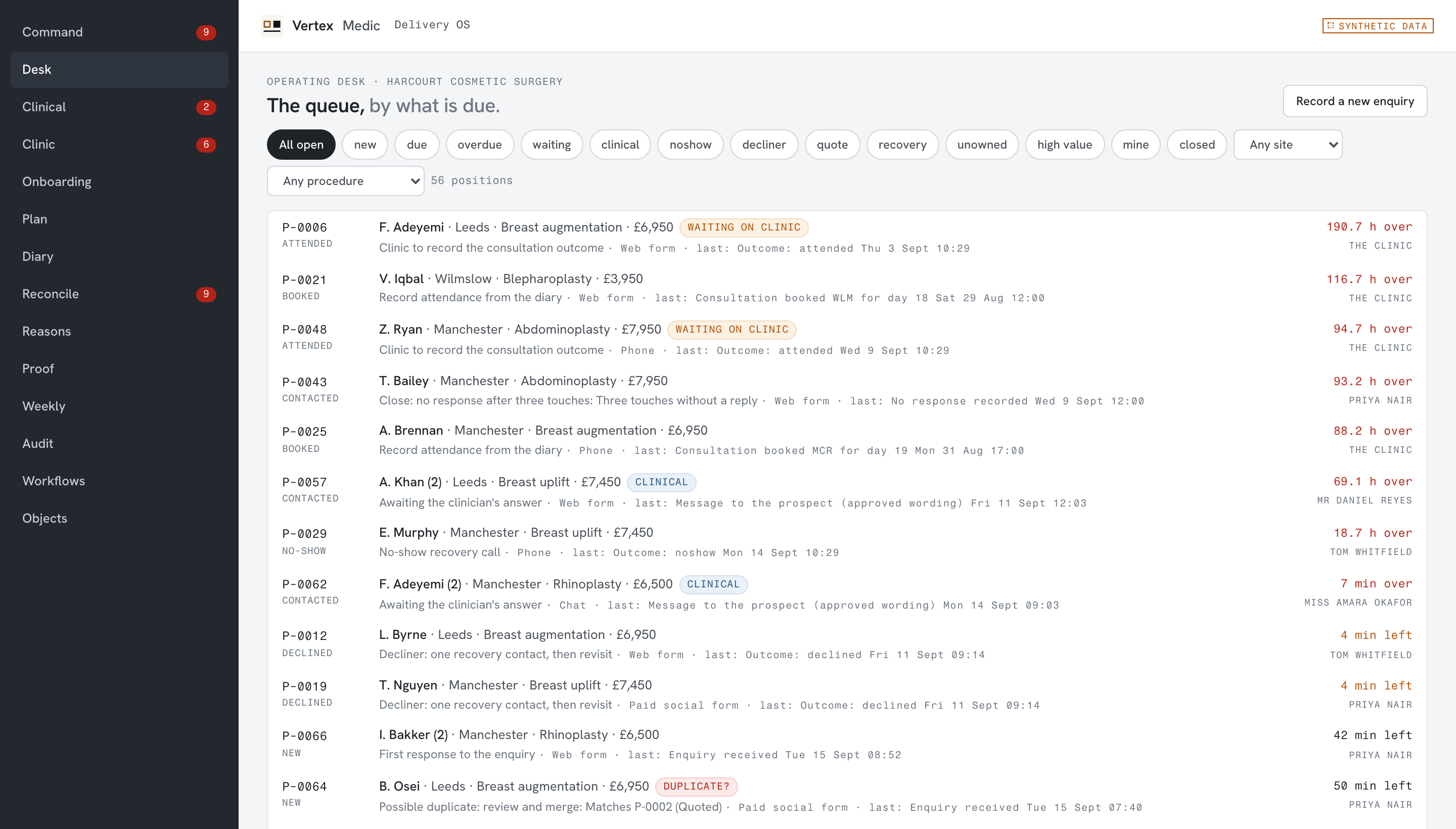 The Vertex Delivery OS desk: every open position with its state, next action and who is waiting on it